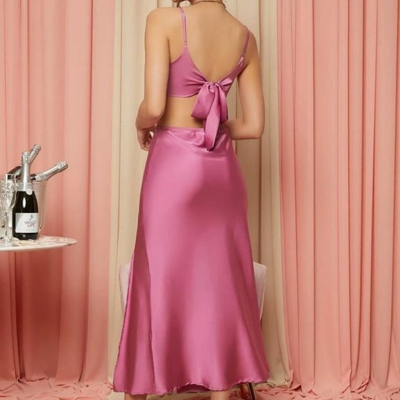 Satin Pink Tied Backless cut out waist Split Thigh Maxi Dress - Picture 2 of 5